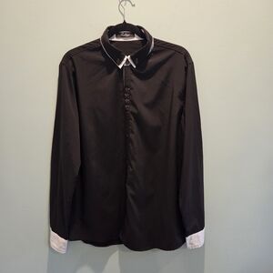 Ruiqige Black Button-Down Shirt with White Contrast Trim Red Button Men's M/L